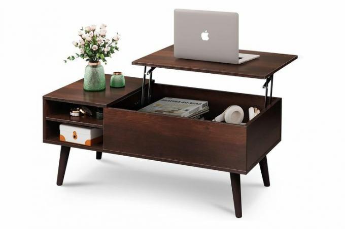 Amazon WLIVE Stolik kawowy z podnoszonym blatem do salonu, mały stolik kawowy ze schowkiem, ukrytą przegrodą i regulowaną półką, Mid Century Modern, drewno, wiśnia, espresso