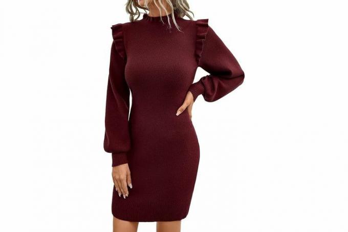 Amazon Blooming Jelly Damski Mini Sweter Sukienka Mock Neck Wzburzyć Długie Bufiaste Rękawy Prążkowane Casual Bodycon Jesienne Sukienki Zimowe Ubrania