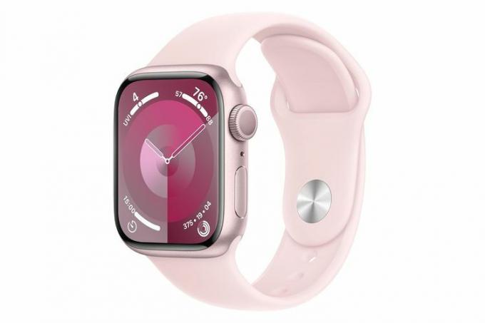 Różowa aluminiowa obudowa Amazon Apple Watch Series 9 z jasnoróżowym paskiem sportowym